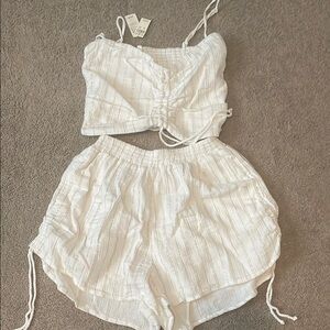 White Ruched Crop Top and Shorts Set Aerie